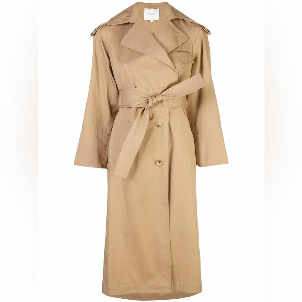Vince Dark Khaki Cotton Belted Trench Coat, size small - Picture 2 of 16